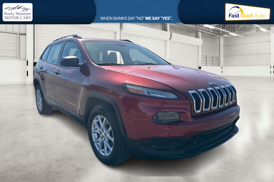 2015 Red Jeep Cherokee Sport FWD (1C4PJLAB8FW) with an 2.4L L4 DOHC 16V engine, 9-Speed Automatic transmission, located at 7755 State Street, Midvale, UT, 84047, (801) 753-9063, 40.610329, -111.892159 - Photo#0
