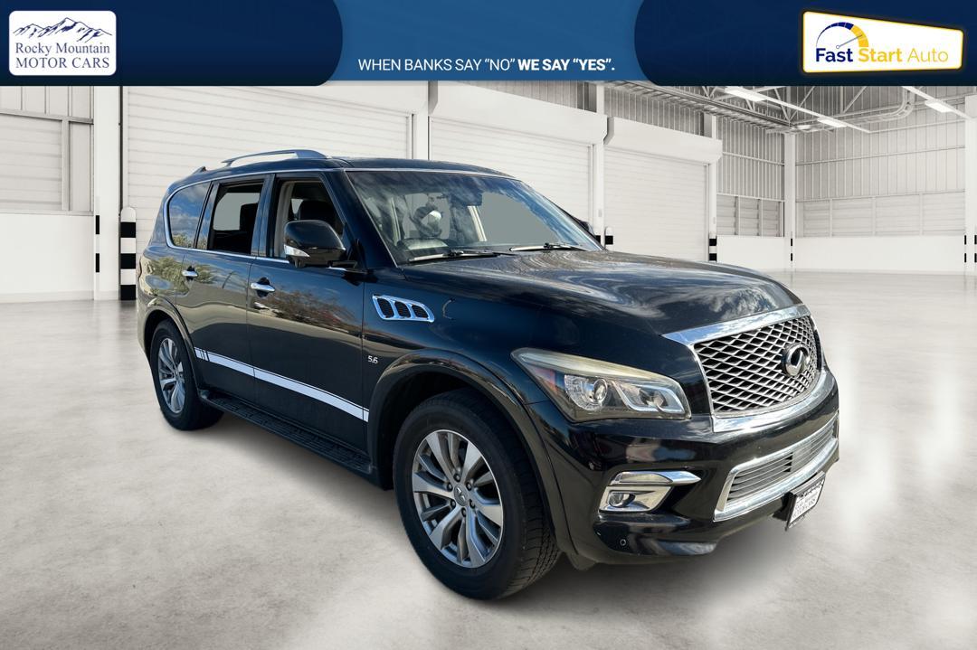 2015 Black Infiniti QX80 2WD (JN8AZ2NF4F9) with an 5.6L V8 DOHC 32V engine, 7-Speed Automatic transmission, located at 767 S State Road, Pleasant Grove, UT, 84062, (801) 785-1058, 40.354839, -111.736687 - Photo #0
